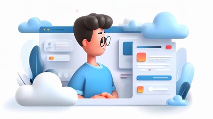 A 3D animated character with glasses smiling in a cloud-themed digital environment with various interface elements.