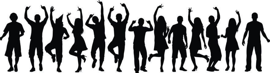Large Group of Black Silhouette Vector Illustrations of Young Men and Women Dancing and Celebrating with Hands Raised, Concept of Party