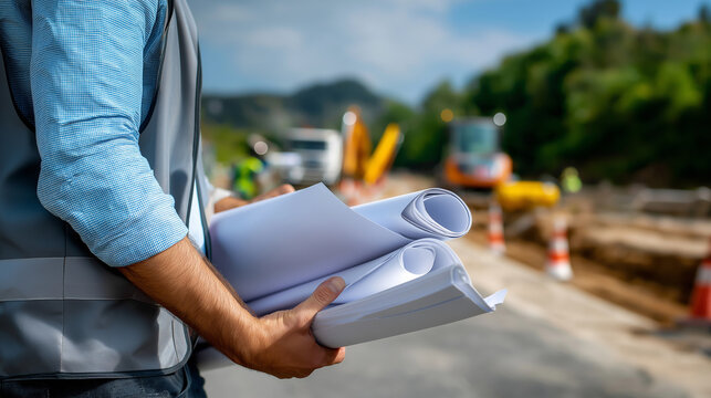 Civil engineer holding rolled-up plans at a roadwork zone, faceless professional scene, with copy space