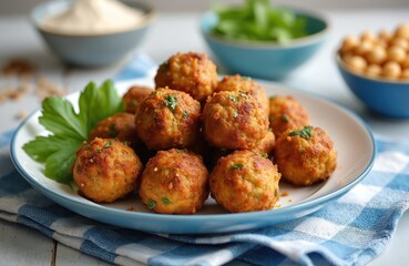 Plate of chickpea vegan meatballs garnished with fresh parsley sits on blue checkered napkin. Delicious healthy plantbased food for lunch dinner ready to eat. Whole chickpeas, greens, sauce in bowls