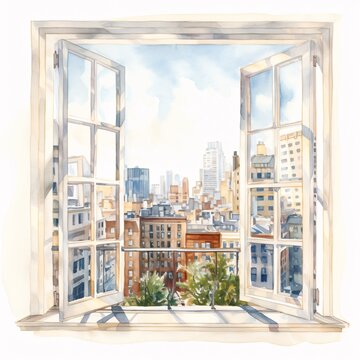 Fototapeta Watercolor painting of new york city skyline seen through an open window in the morning