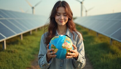 Young woman holds globe smiling near solar panels, wind turbines. Embodies environmental stewardship, global unity with renewable energy tech. Vision of sustainable future, eco-friendly