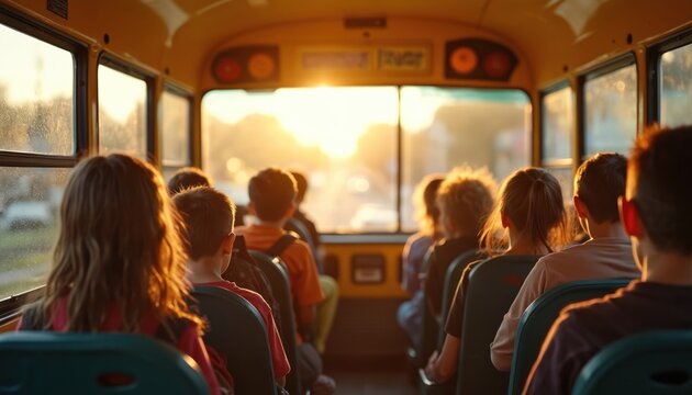 Children ride in yellow school bus at sunset. Young passengers look out window during commute. Friends travel together on educational journey before starting classes.
