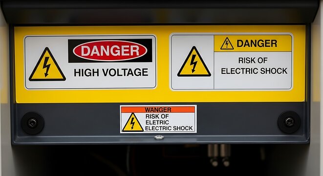 High Voltage Danger Sign Alerting about electric shock hazard and workplace safety with yellow caution signs