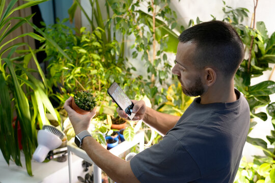 A man inspects a potted plant in his cozy indoor greenhouse, using his phone to document takes photos phone, online care care and growth while surrounded by lush houseplants in various pots