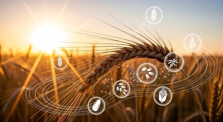 Golden grain ear in a sunlit field at sunset, showcasing digital icons for advanced agriculture technology, smart farming, and sustainable food production