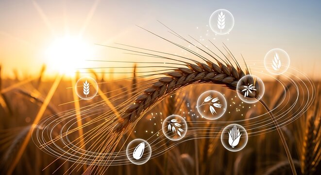 Golden grain ear in a sunlit field at sunset, showcasing digital icons for advanced agriculture technology, smart farming, and sustainable food production