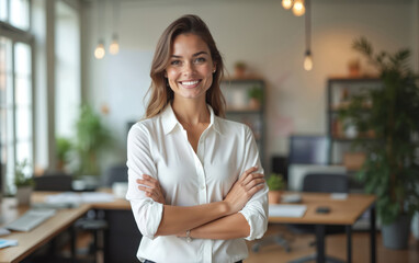 Smiling young woman poses in modern office setting. She wears white shirt arms crossed. Businesswoman looks directly at camera showing confidence and success.