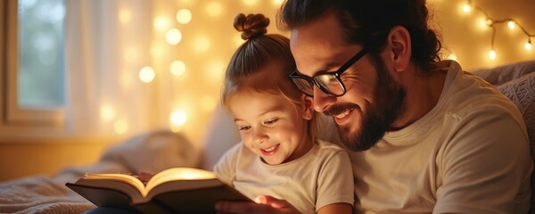 Father reads book to daughter in cozy room with fairy lights. Child listens attentively to bedtime story. Dad shares knowledge, love, bonding with kid before sleep. Family time creates warm memories.