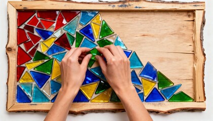Hand arranging colorful mosaic glass fragments on a wooden frame creating a textured and dynamic stained glass piece with irregular shapes.
