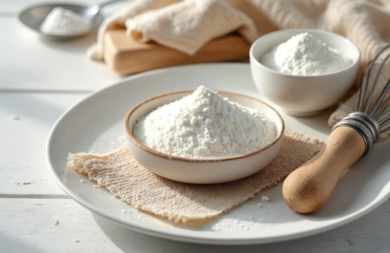 Close up photo shows xanthan gum in a bowl with a whisk on a plate. Baking ingredient on white wooden table. Food additive is used for making dough.