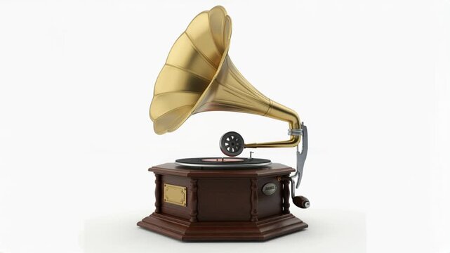 Classic vintage gramophone featuring a polished golden horn and an elegant wooden base with intricate details, evoking nostalgia and retro charm.