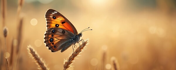 Orange butterfly rests on dry wheat stalk in golden field during sunset. Soft light, bokeh background highlights insect beauty and nature peace.