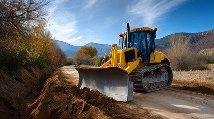 Obraz premium Bulldozer moving earth to widen existing road, land development scene, with copy space