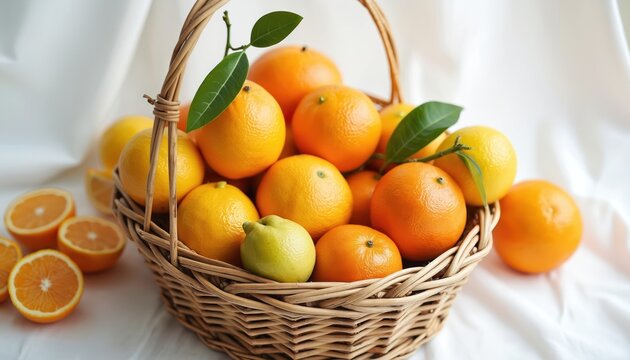 Wicker basket filled with ripe oranges and lemons. Some citrus fruits are whole others are cut showing juicy pulp. Various fruits have green leaves attached. White cloth backdrop.