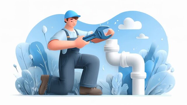A friendly plumber kneeling and using a wrench on a pipe amidst a colorful, cartoon-style background with clouds and plants.