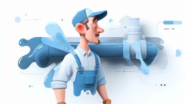 A cartoon plumber in blue overalls holds a wrench, standing in front of a stylized water pipe and splashes of water.