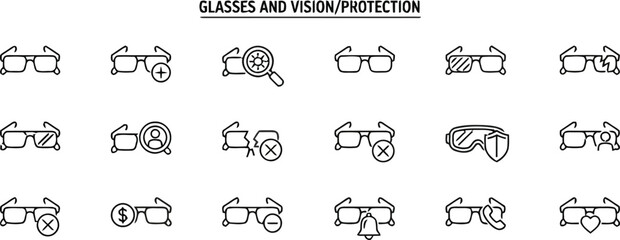 glasses, eyewear, vision, protection, safety, goggles, sunglasses, prescription, broken, cracked, warning, alert, notification, add, plus, search, magnifying glass, dollar, money, minus, remove, bell,