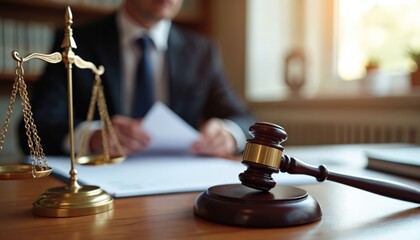 Lawyer reviews legal documents in office. Gavel, brass justice scales sit on wooden table. Legal professional works on court case, preparing for trial. Expert offers advice to client on claims, seeks