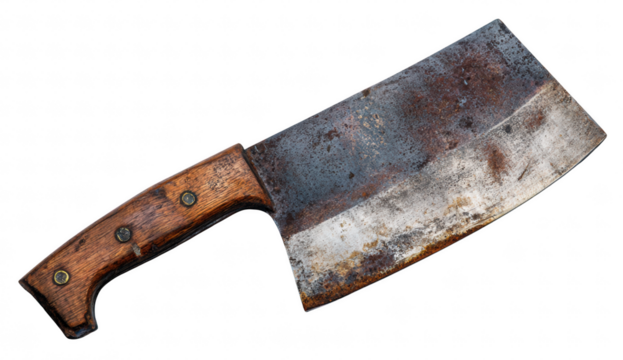 Rusted cleaver knife with heavy blade, isolated on transparent background, old metal tool concept, crisp studio lighting