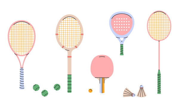 Various sports rackets tennis,wooden racket,badminton,table tennis,padel.Ideal for educational, design and infographic.Colorful illustration isolated on white background.Rackets with balls.EPS 10