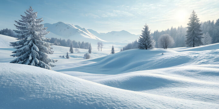 Winter Wonderland Landscape: Snow-covered hills and evergreen trees create a tranquil winter landscape. This scene captures the beauty of nature in winter, with its crisp air and serene environment. 