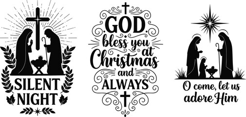 Christian Christmas quote designs, nativity scene silhouettes, inspirational holiday scripture artwork, religious typography illustrations celebrating faith, Jesus birth, and worship