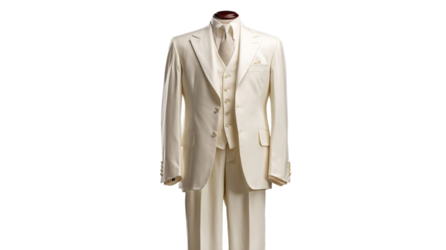 PNG of Elegant cream-colored men's suit with a vest, perfect for formal occasions or weddings.
