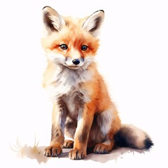 Obraz premium Adorable baby fox sitting calmly with its tail curled around its paws in watercolor style