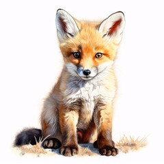 Obraz premium Adorable fox cub sits attentively in a simple watercolor style illustration