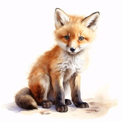 Obraz premium Cute little fox cub sitting on white background in watercolor style