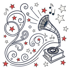 Fototapeta premium A hand-drawn vector pattern filled with stars, notes, and whimsical musical swirls.