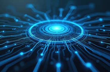 Bright blue light illuminates digital circuit board design. Electronic lines, nodes represent tech innovation, data flow, modern communication. Abstract illustration shows core brain connecting