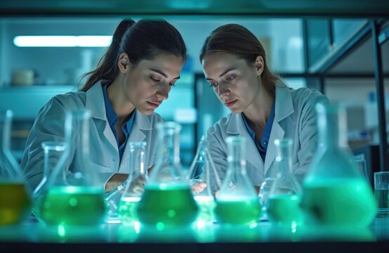 Two scientists in lab coats examine green liquid in beakers. Researchers work on medical chemistry experiment, developing new cure. Science, lab, study, research, health.