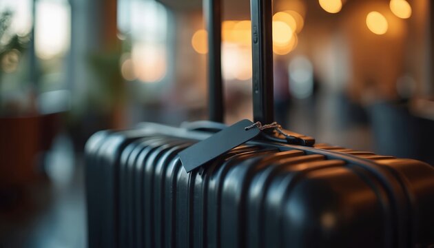 Black suitcase with blank tag sits ready for travel. Elegant luggage awaits a journey. This essential travel gear is packed and prepared for departure.