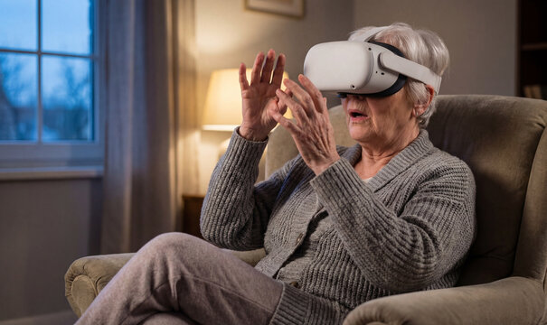 A surprised senior Caucasian woman sitting in an armchair at home, wearing a white virtual reality headset and raising her hands while engaged in the VR experience.