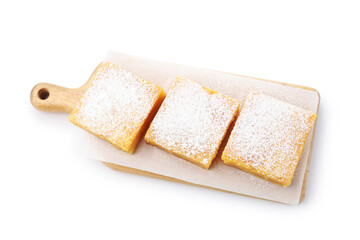 Tasty lemon bars with powdered sugar isolated on white, top view