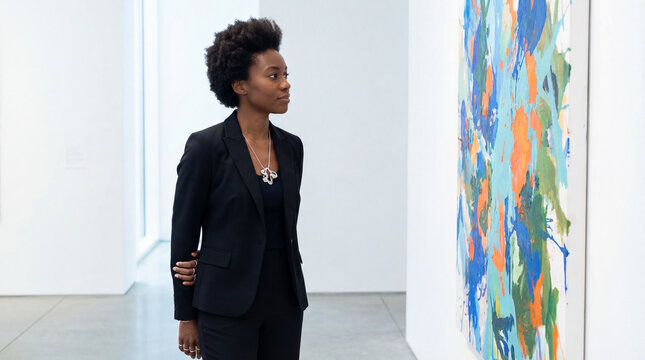 Young African American woman with afro hairstyle wearing a black business suit standing in a modern white museum looking at colorful abstract art on the wall.