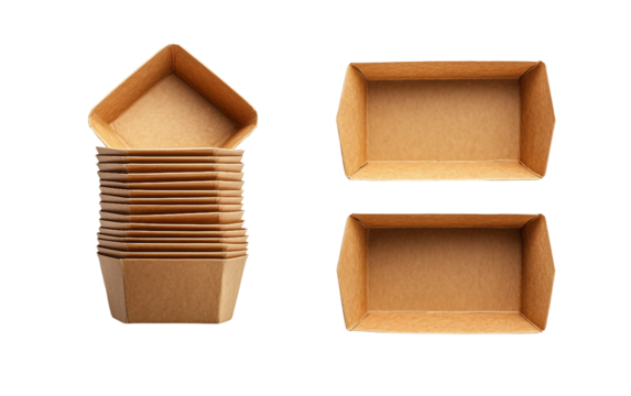Set of biodegradable kraft paper takeout boxes eco-friendly packaging for sustainable food delivery isolated on transparent background PNG