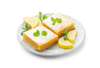 Tasty lemon bars with powdered sugar, mint and fresh fruits isolated on white