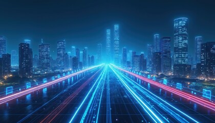 Futuristic cityscape with glowing data streams on highway at night. Neon light trails convey speed and digital connectivity. Tall modern skyscrapers dominate the urban skyline.