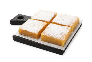 Tasty lemon bars with powdered sugar isolated on white