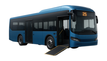 Contemporary city bus featuring a side wheelchair ramp and a prominent digital display.