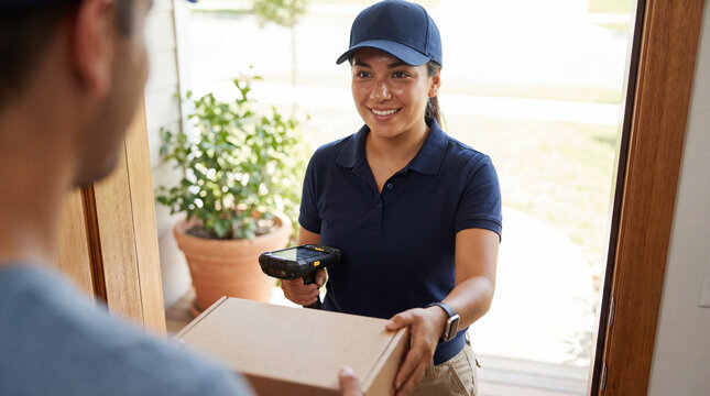 Happy young Hispanic delivery woman in blue uniform and cap holding package and scanner, standing at the front door handing a box to a male customer.