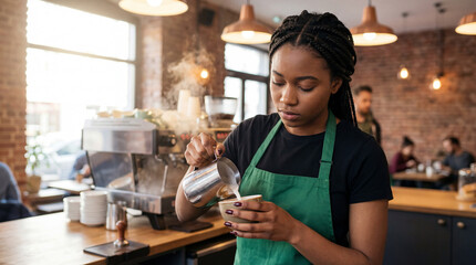 Professional young African American woman barista wearing a green apron carefully pouring steamed milk from a pitcher into a cup to make latte art in a cozy coffee shop.