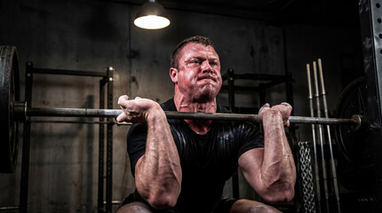 Intense, sweating male athlete straining while lifting a heavy barbell in a front squat position during a rigorous weightlifting session in a dark, gritty gym environment.