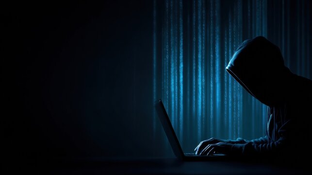 Hacker Works on Laptop in Dark Setting With Neon Code Background Highlighting Data Theft Activity