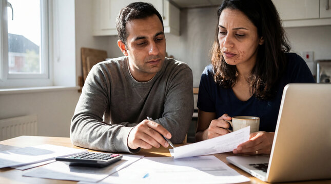 Serious husband and wife sitting at kitchen table reviewing paperwork, bills, and using a calculator and laptop to manage their family budget and finances.