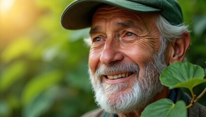 Happy elderly man with white beard and green cap smiles in bright sunlit garden. Mature person enjoys nature, green leaves surround his face. Peaceful elder feels content outdoors.