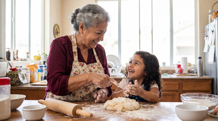 A happy elderly Hispanic woman and her granddaughter laugh while playing with flour and kneading dough on a wooden kitchen table, enjoying baking together.
